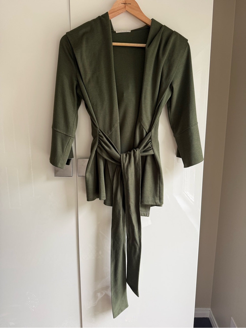 Khaki Green Tie Up Sweater with hood
